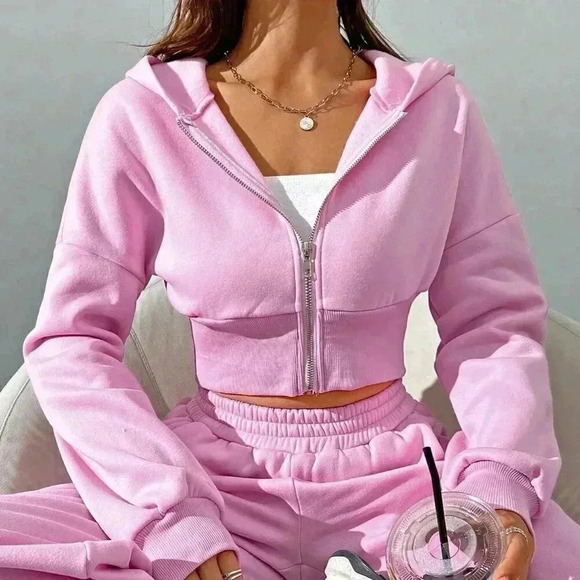 Pink Casual Women's Spring Zip Front Hooded Sweatshirt And Pants Two Piece Set - Picture 2 of 7